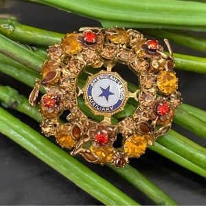Vintage AMERICAN LEGION AUXILIARY Amber Rhinestones & Enamel Flower Brooch